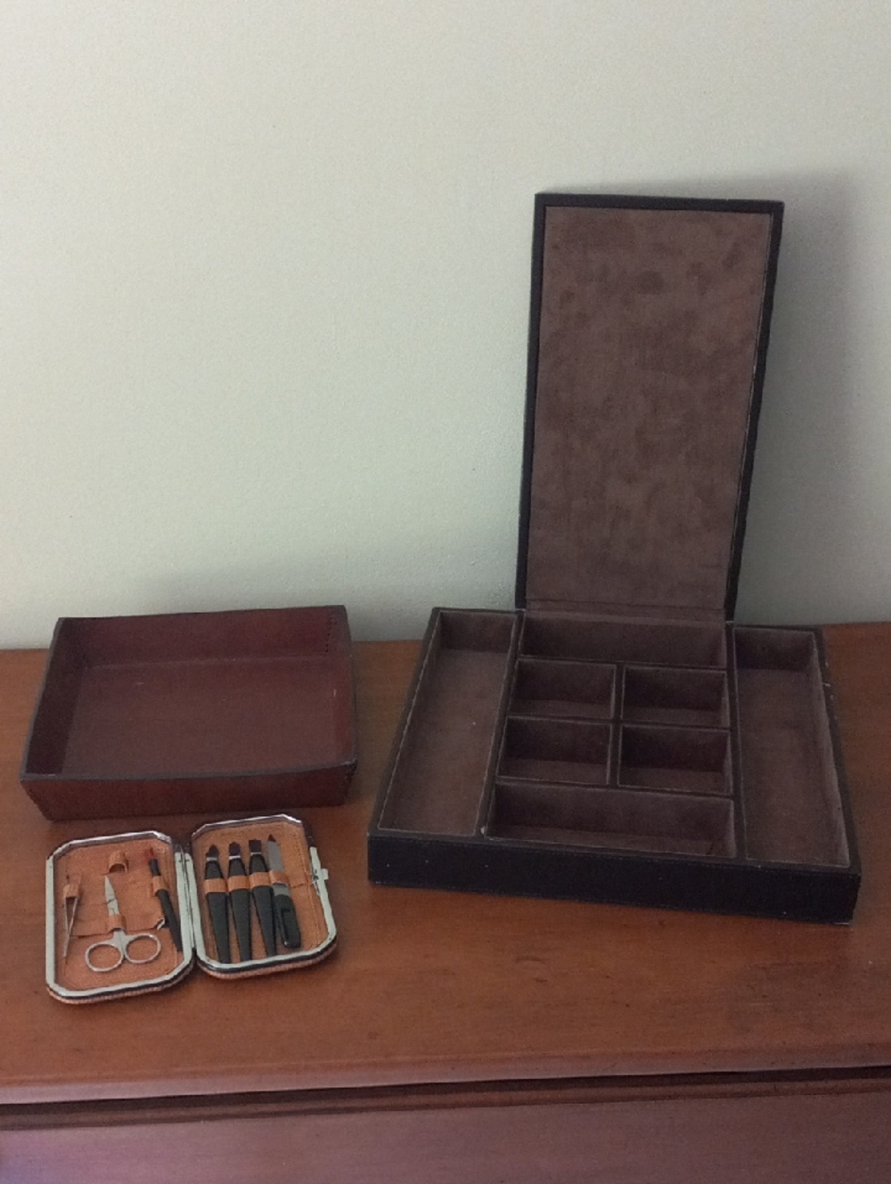 Brown Leather Valet Tray, Catchall Organizer, and Manicure Set
